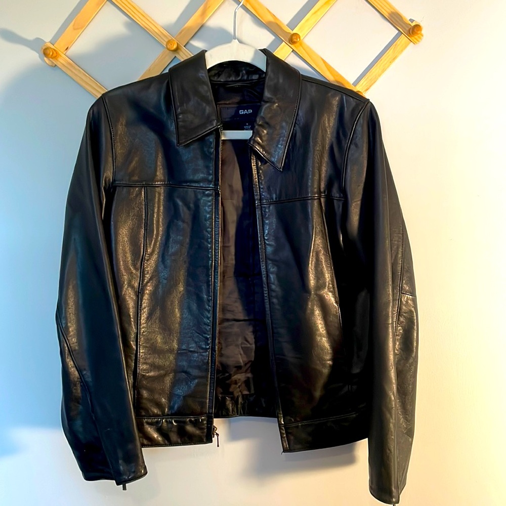 Black leather gap jacket. Beautiful and well taken care of!